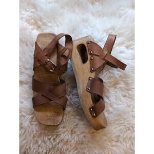 Vintage Dr. Scholl's Wooden Platform Sandals Leather Straps Made in Brazil Sz 9